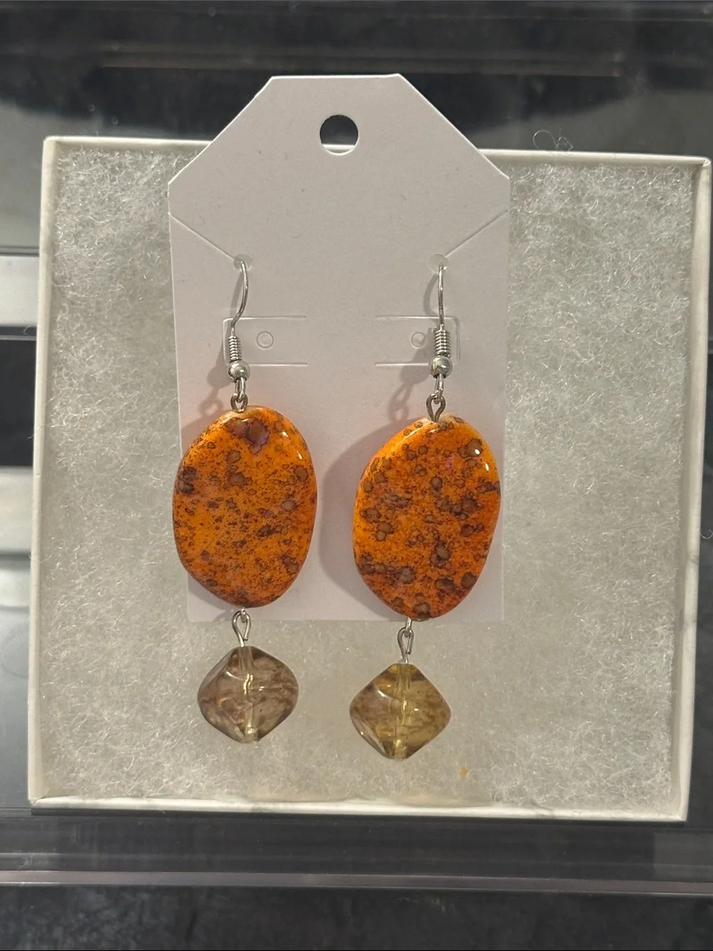 Handmade Orange Speckled Oval Drop Earrings with Amber Bead Dangles